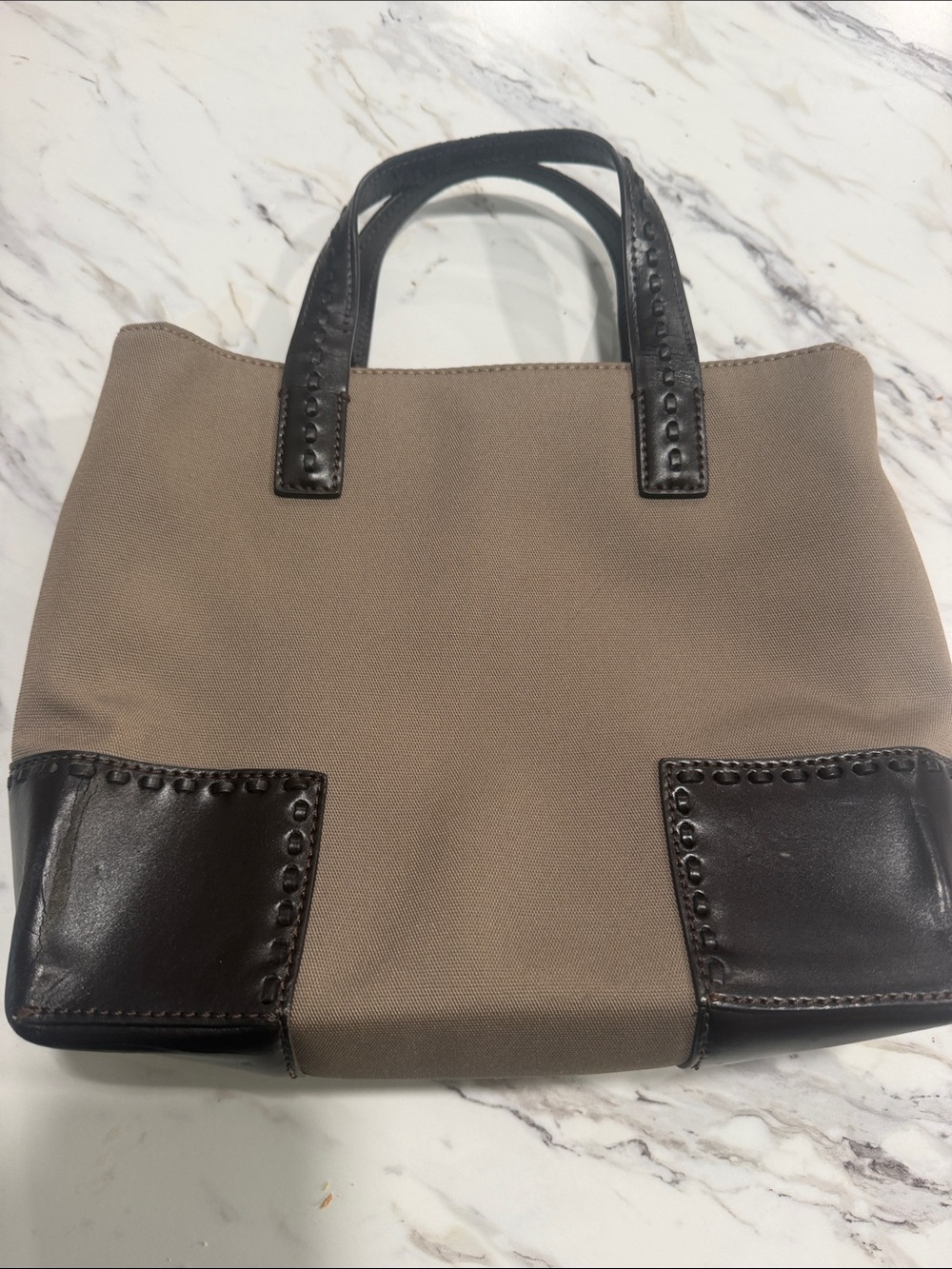 Structured Taupe Canvas Tote with Dark Brown Leather Trim